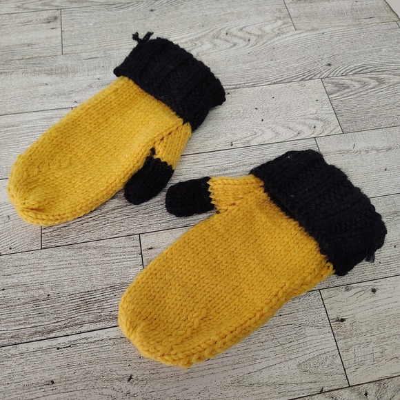 Knit Mittens Toddler Kids Yellow Black Bumble Bee Theme Vtg Retro‎ Handmade - Picture 1 of 7